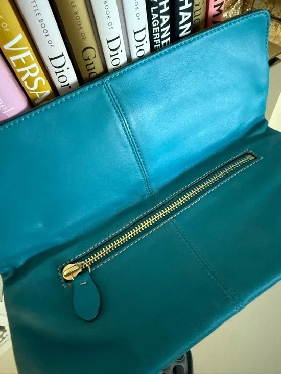 Coach Madeline leather fold over turn lock teal blue clutch - Picture 7 of 14